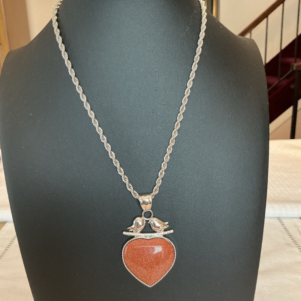 Brown Goldstone Silver Tone Pendant Necklace